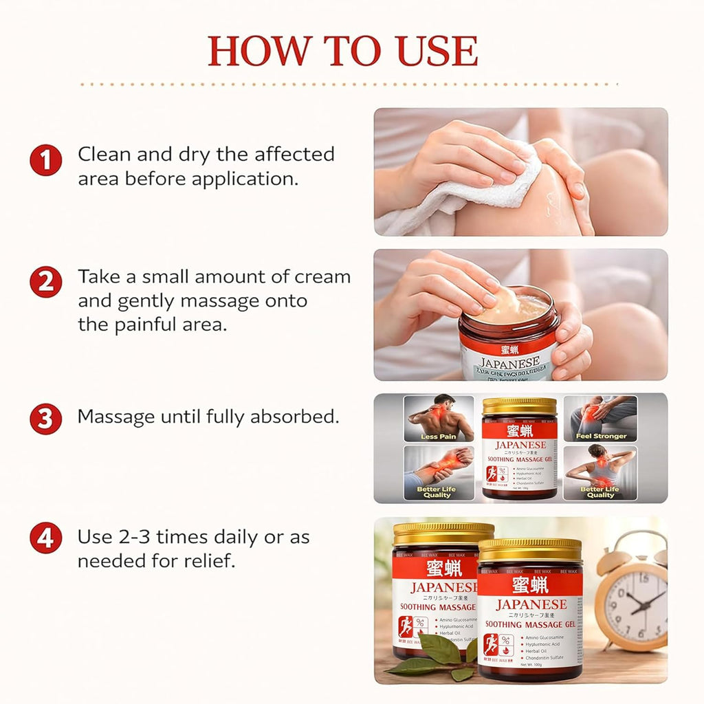 apanese Pain Relief Gel Original 100% Natural Japanese Formula Soothing Massage Gel for Joint & Muscle Pain Relief – Arnica, Mugwort, Hyaluronic Acid – Back, Neck, Knee & Leg Massage Balm