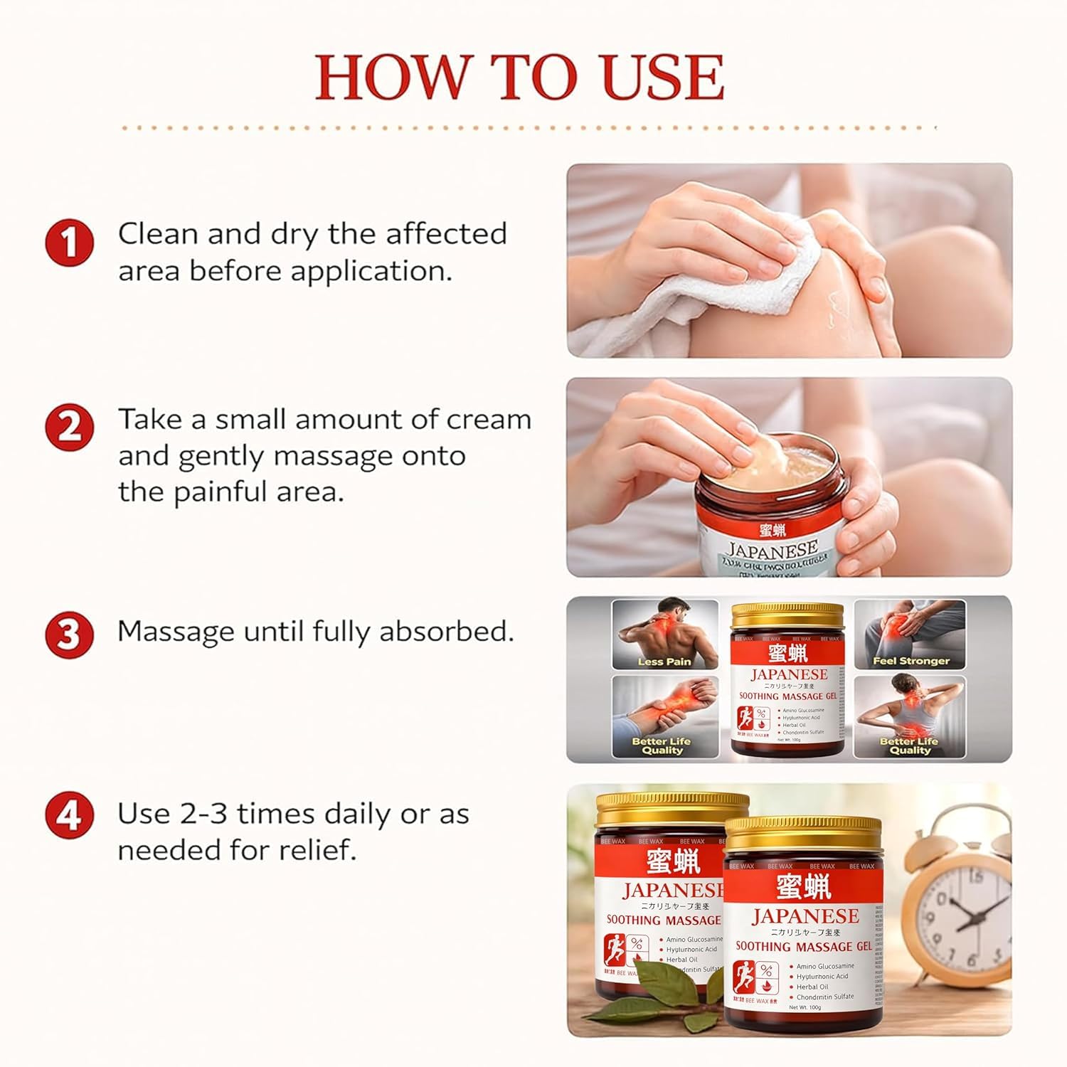 apanese Pain Relief Gel Original 100% Natural Japanese Formula Soothing Massage Gel for Joint & Muscle Pain Relief – Arnica, Mugwort, Hyaluronic Acid – Back, Neck, Knee & Leg Massage Balm