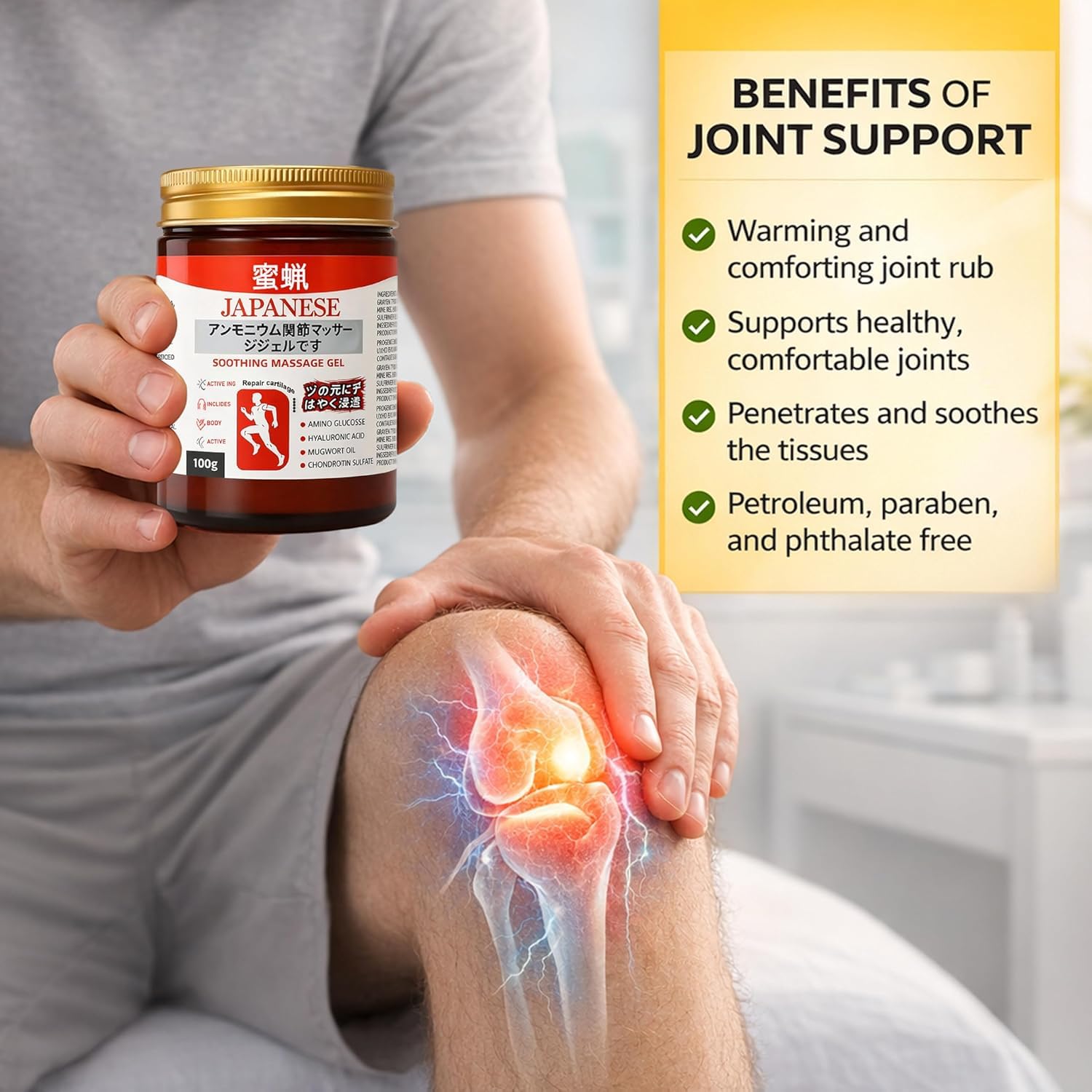 apanese Pain Relief Gel Original 100% Natural Japanese Formula Soothing Massage Gel for Joint & Muscle Pain Relief – Arnica, Mugwort, Hyaluronic Acid – Back, Neck, Knee & Leg Massage Balm